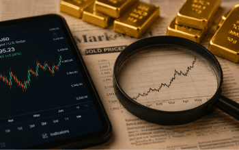 Grafik harga emas, emas batangan, dan kaca pembesar
